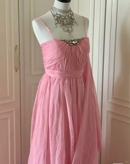 Pretty Spaghetti Straps Pink Chiffon Pleated Beaded Mermaid Long Evening Dress Prom Dress D3099