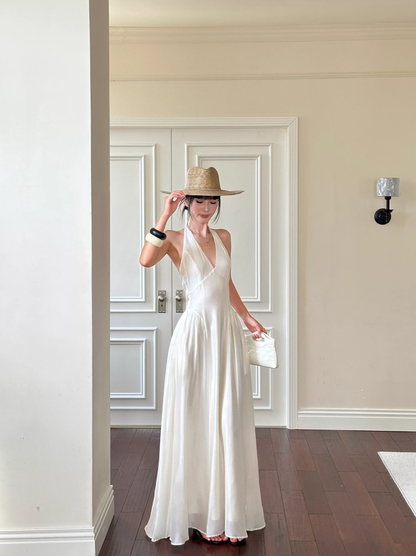 Sexy Halter V Neck White A Line Long Party Dress Formal Evening Gown D2121