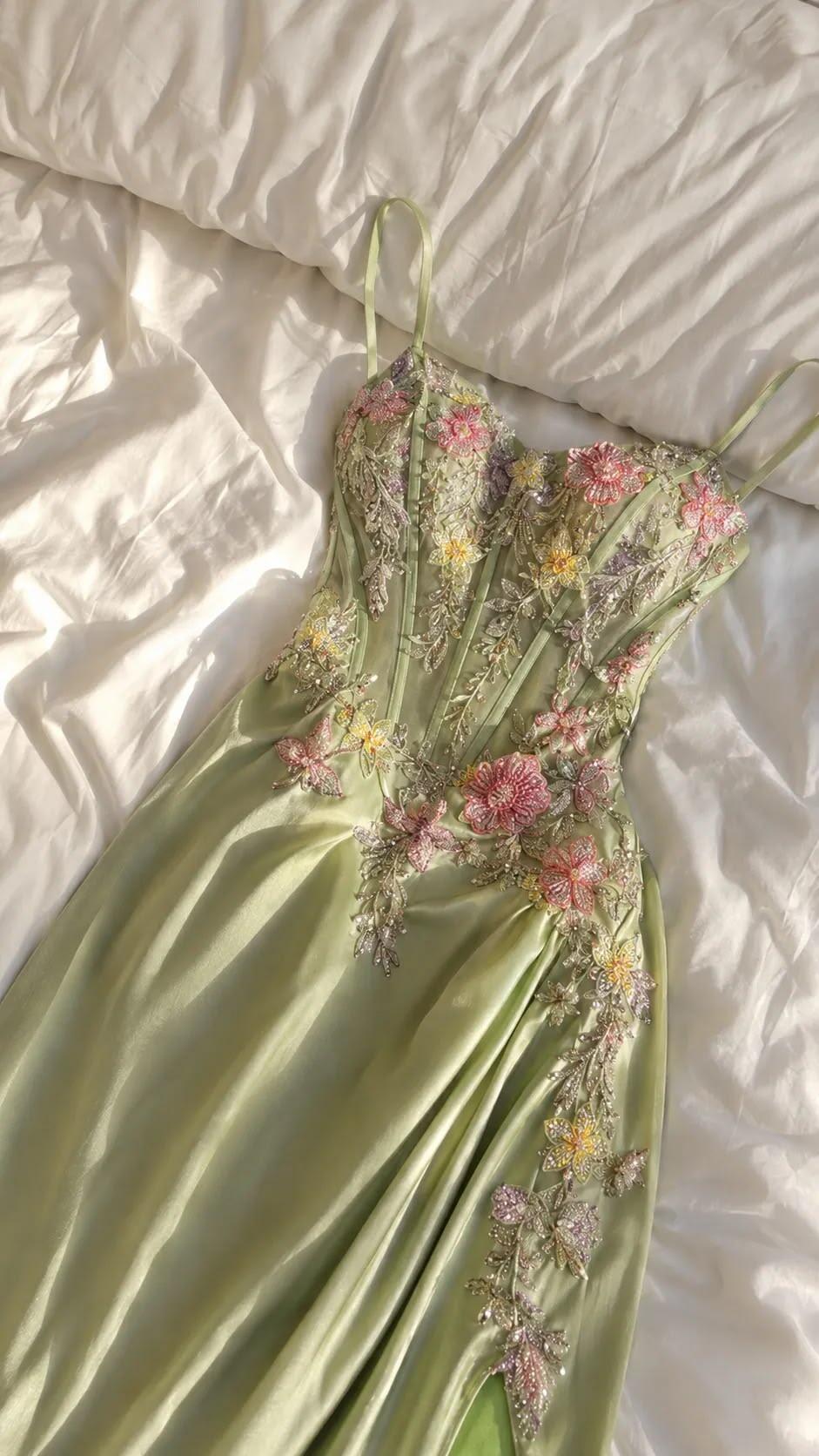 Classy Spaghetti Straps Green Satin Appliques Beaded Mermaid Long Prom Dress Evening Dress D4603