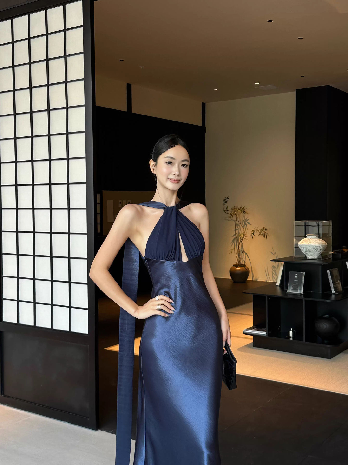 Classy Sleeveless Navy Blue Satin Mermaid Long Wedding Guest Dress Formal Backless Party Dress Evening Gown D2082