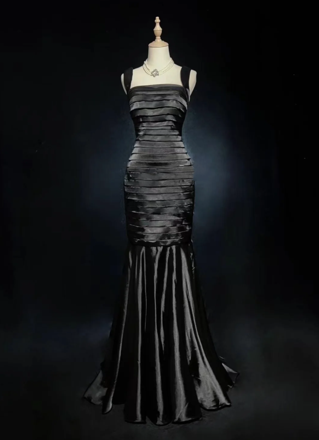 Fashion Black Satin Pleated Mermaid Long Evening Dress Wedding Guest Dress D2061