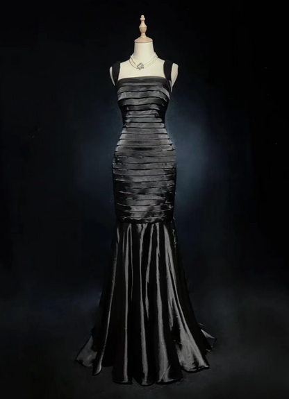 Fashion Black Satin Pleated Mermaid Long Evening Dress Wedding Guest Dress D2061