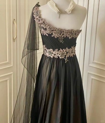 Vintage Black Tulle Appliques Beaded Mermaid Evening Dress,One Shoulder Long Wedding Guest Dress D3092