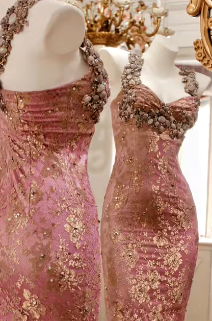 Retro Pink Satin Lace Beaded Sheath Prom Dress Party Dress D2738
