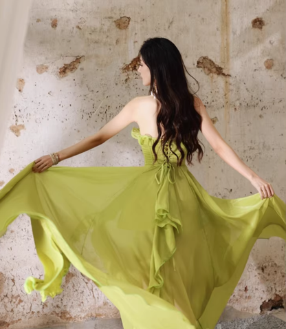 Pretty Green Strapless Chiffon Ruffled Long Evening Dress Birthday Dress D2402