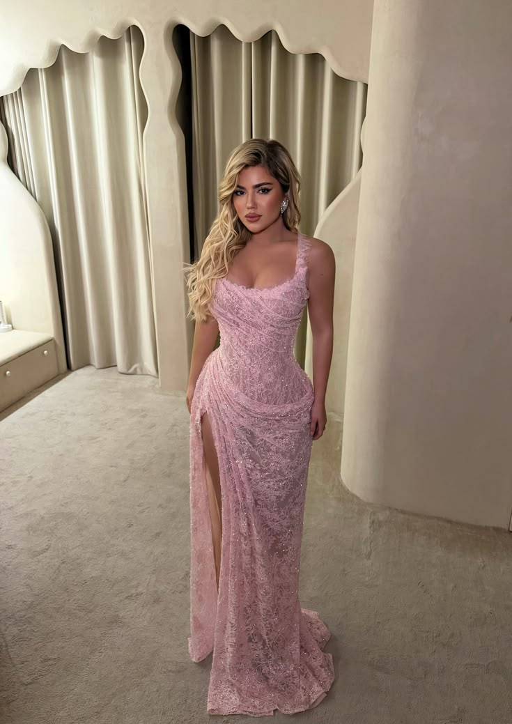 Pretty Pink Lace Sequin High Slit Mermaid Long Party Dress Birthday Dress D2922