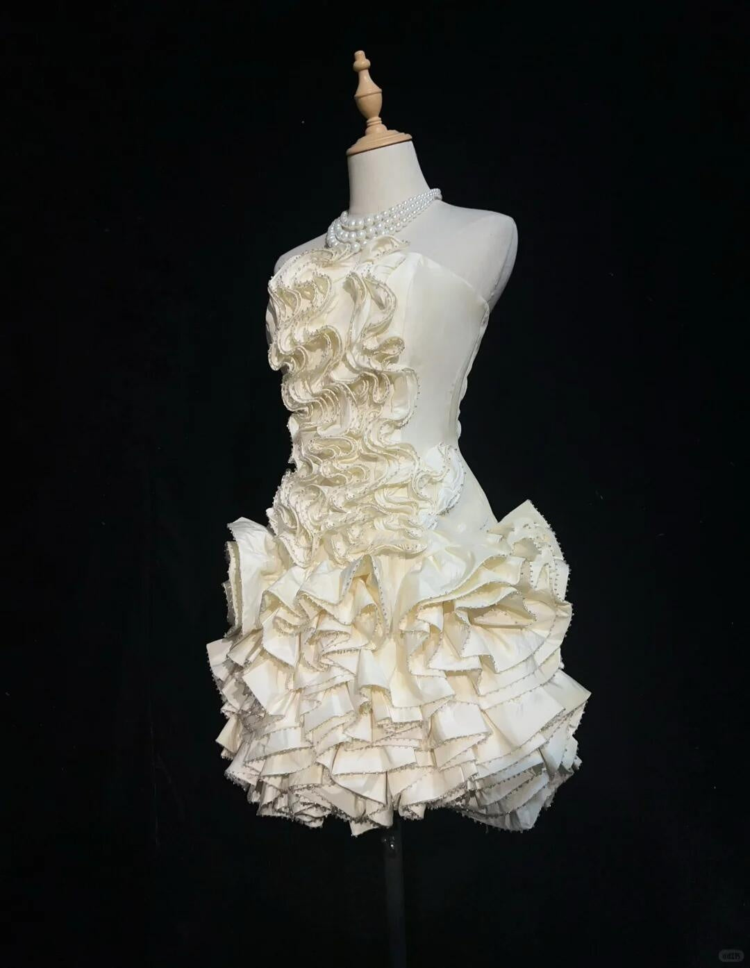 Elegant Off White Satin Ruffle Beaded A Line Short 9th Grade Homecoming Dress,Strapless Short Birthday Outfits D3377