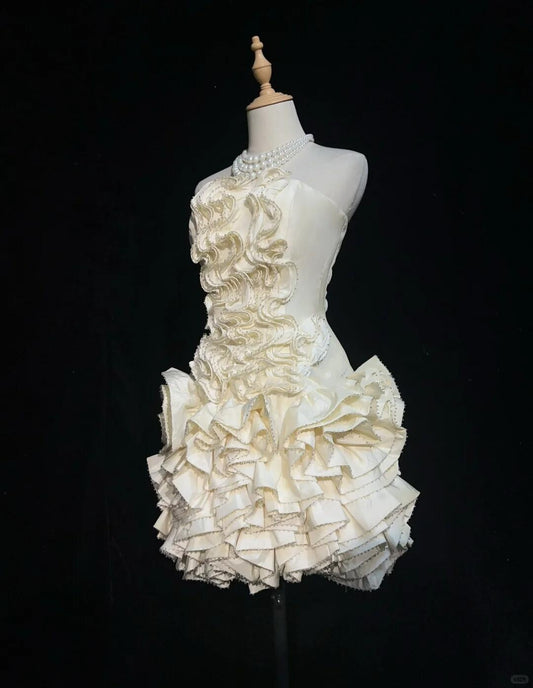 Elegant Off White Satin Ruffle Beaded A Line Short 9th Grade Homecoming Dress,Strapless Short Birthday Outfits D3377