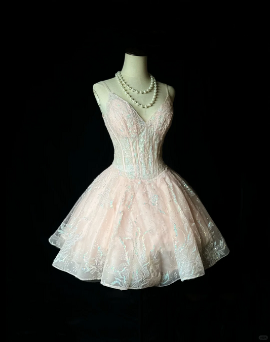 Glitter Pink Spaghetti Straps Tulle Sequin A Line Short Homecoming Dress Mini Party Dress D3252