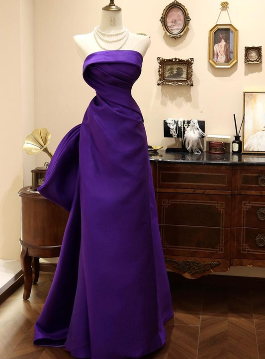 Stylish Purple Satin Strapless Pleated Mermaid Prom Dress Long Evening Dress With Bow D1613