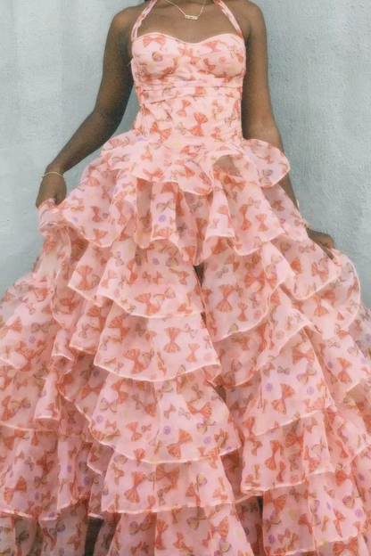 Charming Pink Halter Chiffon Print Floral Layered Long Prom Dress Party Gown D3913