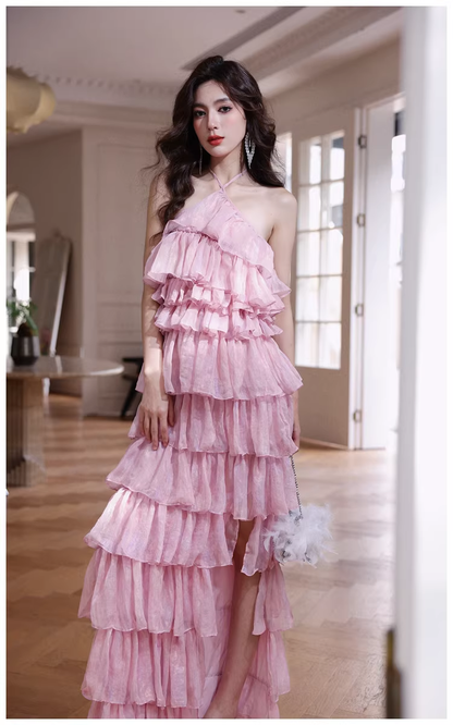 Pretty Pink Halter Chiffon Ruffle Layered Slit Long Birthday Prom Dress Evening Gown D2456