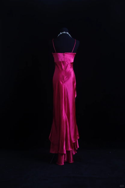 Pretty Spaghetti Straps Hot Pink Satin Beaded Mermaid Long Party Dress Birthday Dress D2849