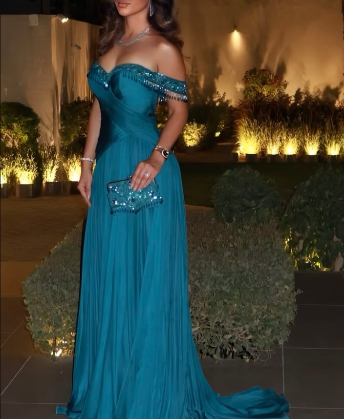 Charming Blue Chiffon Pleated Beaded Long Evening Dress,Off The Shoulder Long Birthday Prom Dress D4946
