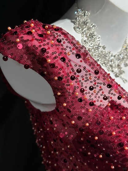 Glitter V Neck Sleeveless Tulle Sequin Beaded A Line Mini Prom Dress,Burgundy Short 9th Grade Homecoming Dress D3245