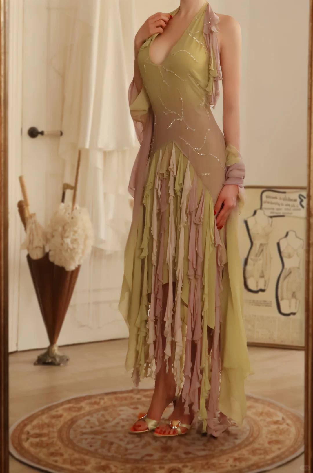 Unique Halter V Neck Chiffon Ruffles Beaded Mermaid Long Party Dress Birthday Dress D2775