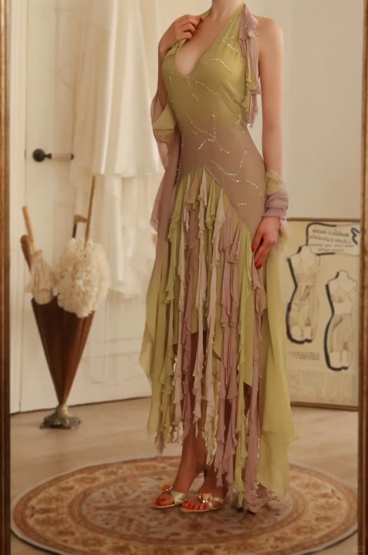 Unique Halter V Neck Chiffon Ruffles Beaded Mermaid Long Party Dress Birthday Dress D2775