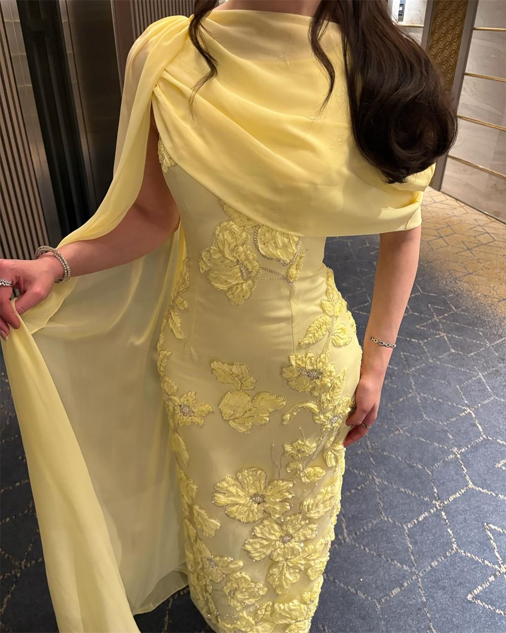 Pretty Yellow Chiffon Satin Sheath Floral Beaded Long Party Dress Evening Gown D4937