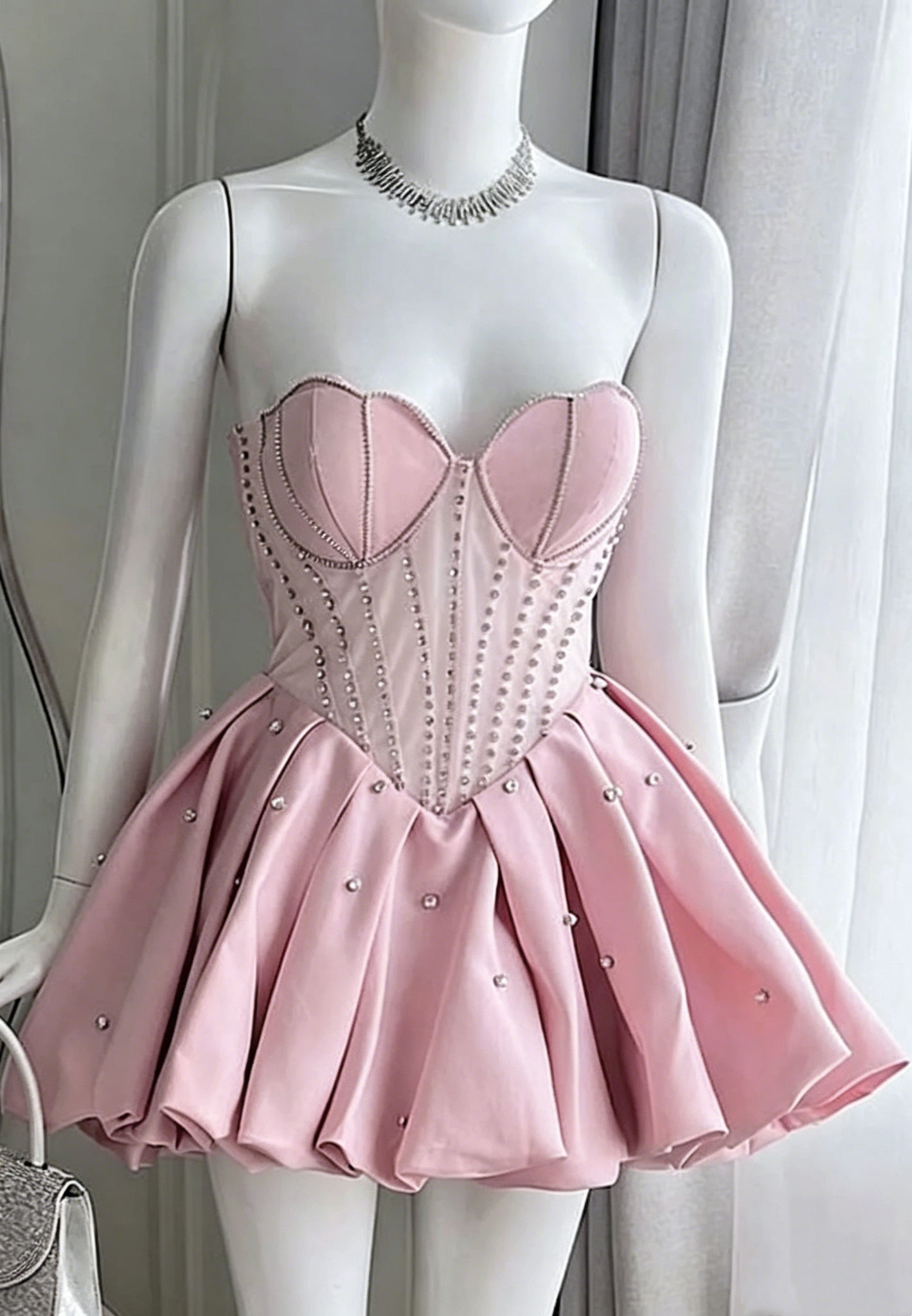 Pretty Sweetheart Neck Satin Beaded A Line Short Homecoming Dress,Pink Short Party Dress D4002