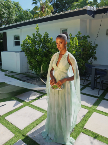 Classy Halter V Neck Chiffon A Line Long Evening Dress Light Green Party Gown D4972
