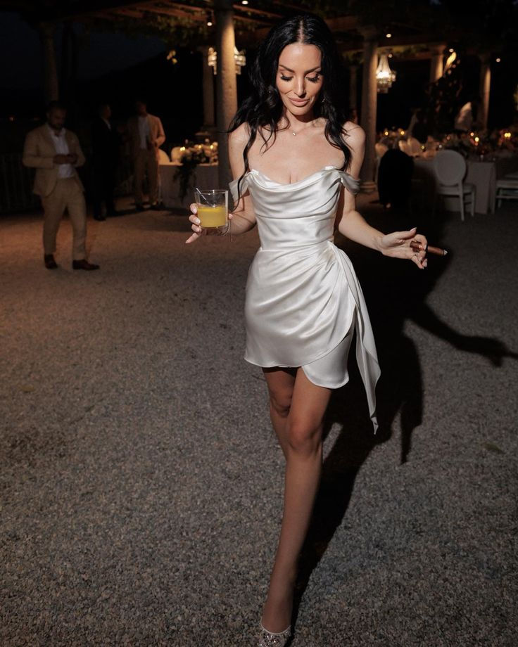 Classy Off The Shoulder Satin Short Birthday Outfits,White Short Graduation Homecoming Dress D3566