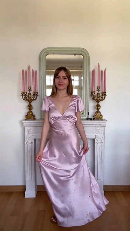 Pretty Purple Satin Beaded Long Party Dress V Neck Mermaid Birthday Prom Gowns D5117