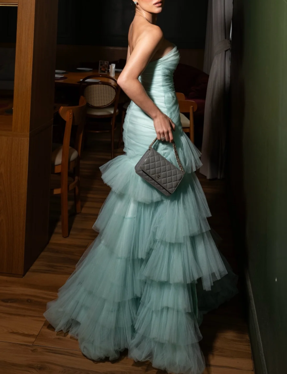 Classy Blue Strapless Tulle Pleated Layered Mermaid Long Prom Dress Birthday Party Gown D3815