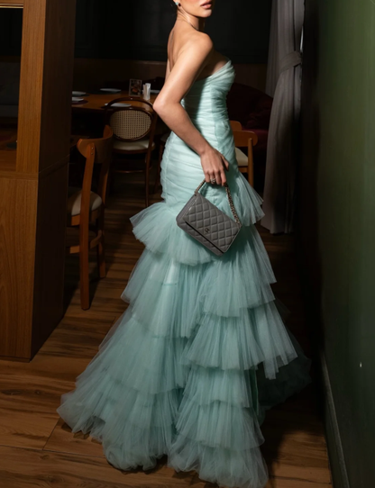 Classy Blue Strapless Tulle Pleated Layered Mermaid Long Prom Dress Birthday Party Gown D3815