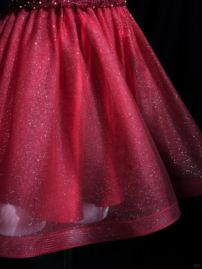 Glitter V Neck Sleeveless Tulle Sequin Beaded A Line Mini Prom Dress,Burgundy Short 9th Grade Homecoming Dress D3245