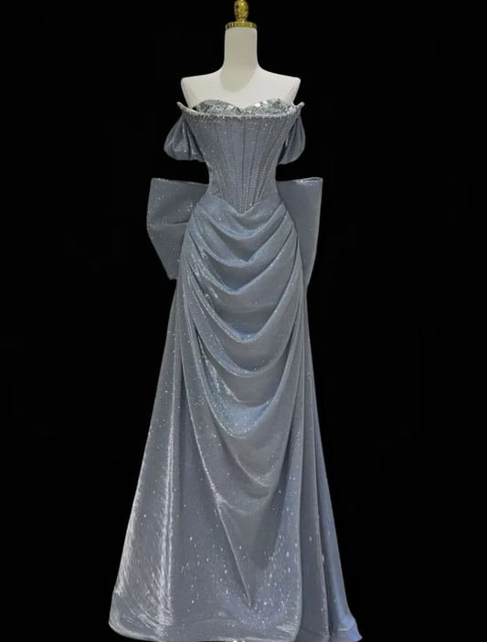 Gorgeous Off The Shoulder Gray Satin Sequin Beaded Mermaid Long Evening Dress Party Gown With Bow D2344