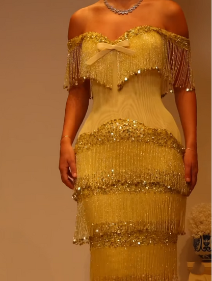 Gorgeous Off The Shoulder Satin Beaded Tassel Long Party Dress Yellow Long Birthday Evening Gowns D5242