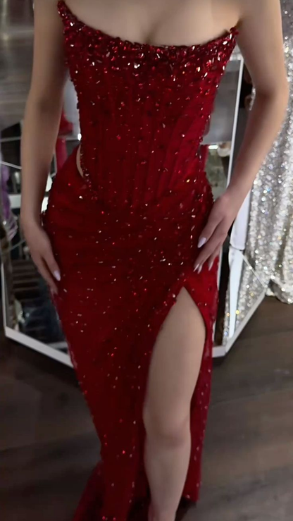 Vintage Burgundy Strapless Sequin Sheath High Slit Long Prom Dress Formal Evening Gown D688