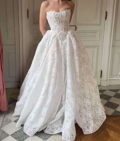 Pretty White Strapless Lace Ball Gown Long Wedding Guest Dress D1835