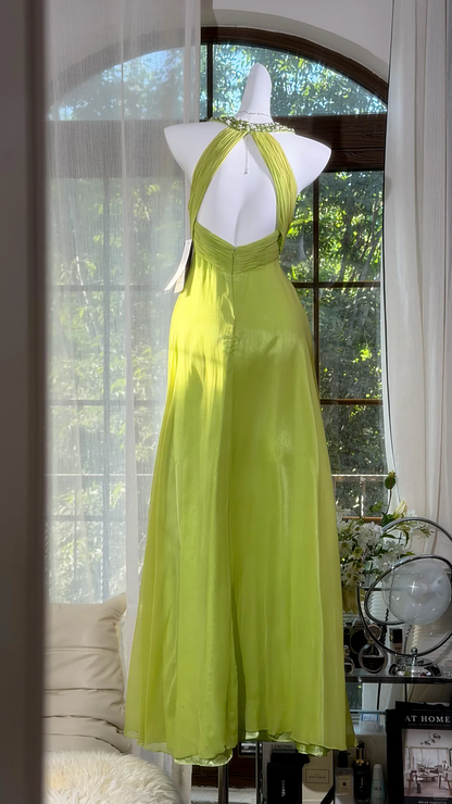 Pretty Halter Lemon Green Chiffon Beaded A Line Long Party Dress Backless Evening Dress D2933