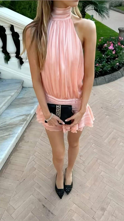 Elegant Halter Tulle A Line Mini Birthday Dress,Blue Backless Short 7th Grade Homecoming Dress D3886