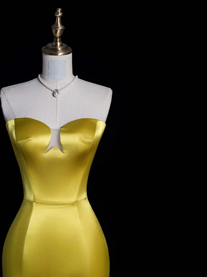 Unique Sweetheart Neck Satin Long Party Dress Yellow Mermaid Long Evening Dress With Feathers D4854