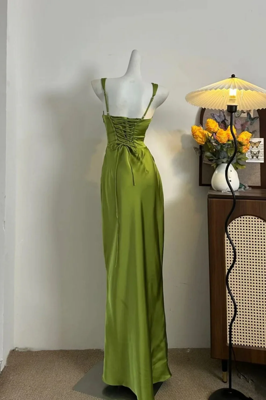 Classy Green Satin Mermaid Long Wedding Guest Dress Formal Birthday Prom Dress Party Dress D1844
