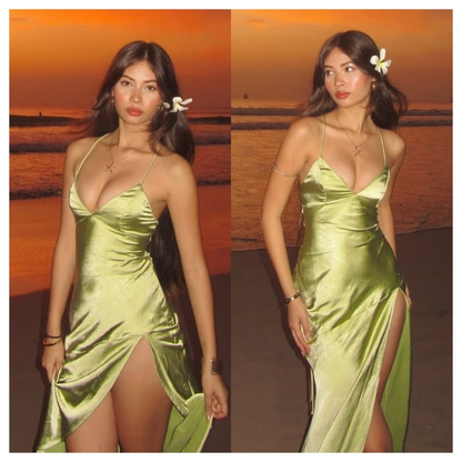Simple Green Halter Satin Slit A Line Long Party Dress Evening Gown D1471