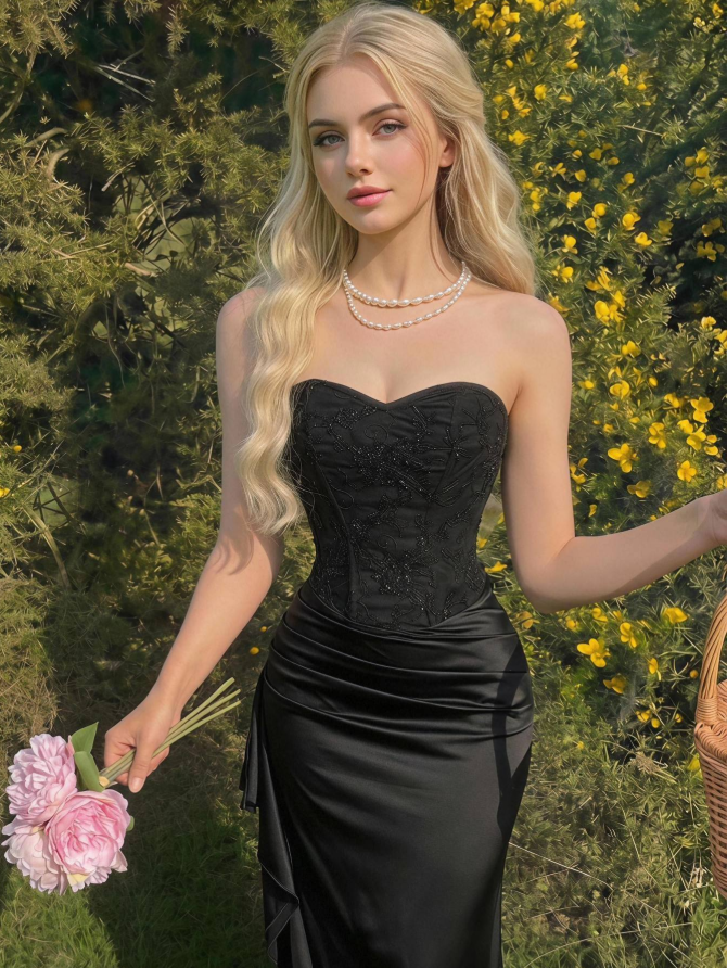 Sexy Black Satin Beaded Mermaid Party Dress Strapless Long Birthday Prom Gowns D5397