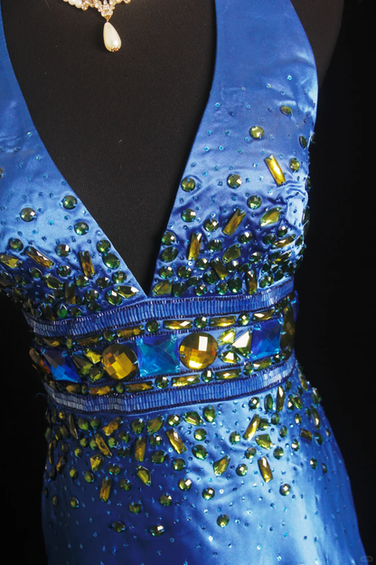 Gorgeous Halter V Neck Satin Beaded Long Prom Dress,Blue Mermaid Party Gown D2850