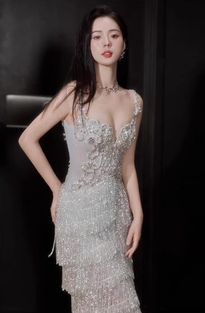 Glitter Spaghetti Straps Silver Satin Beaded Layered Tassel Long Party Dress Evening Gown D2218