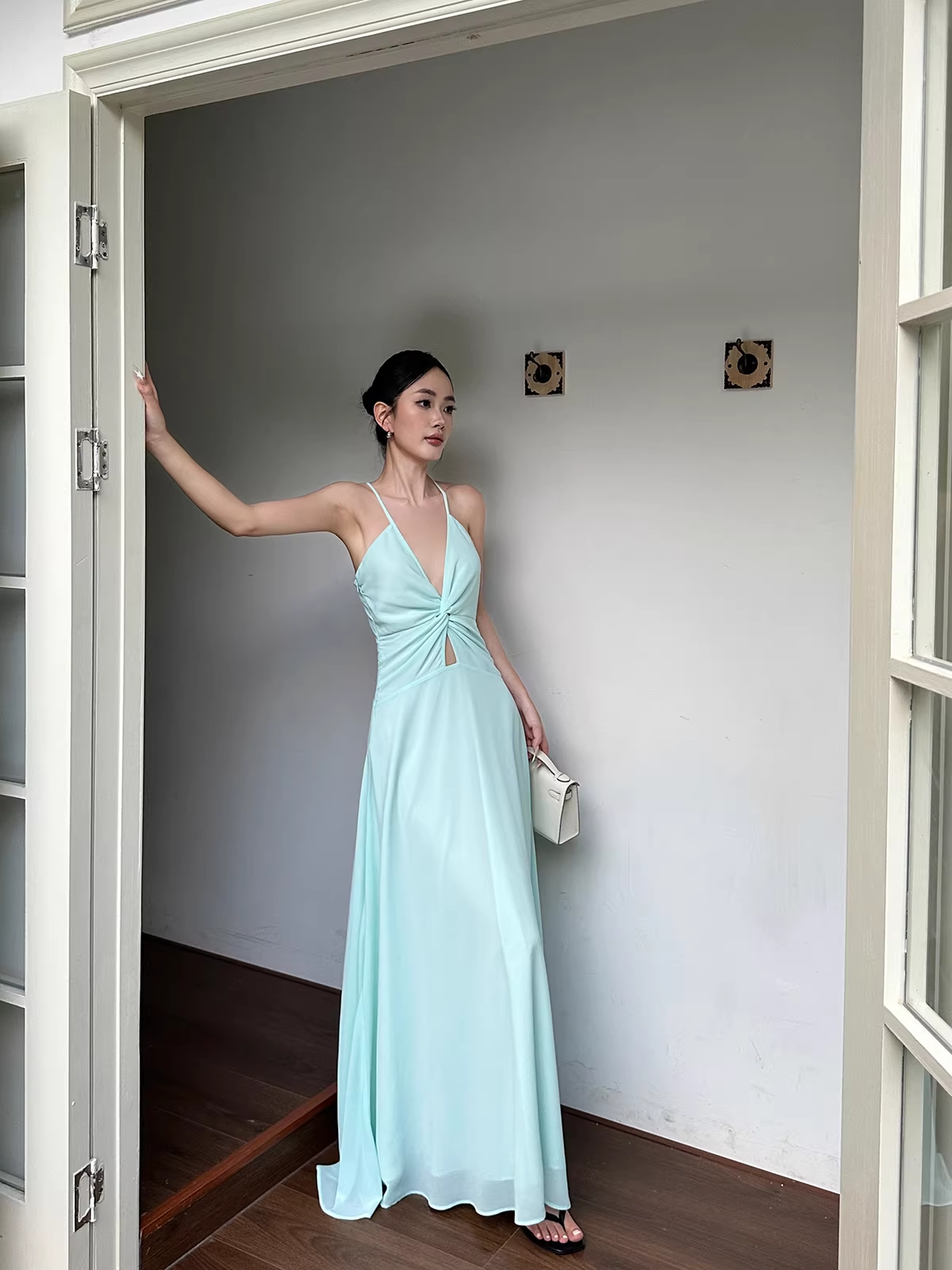 Simple Spaghetti Straps V Neck Green Chiffon A Line Long Party Dress Evening Dress D2090