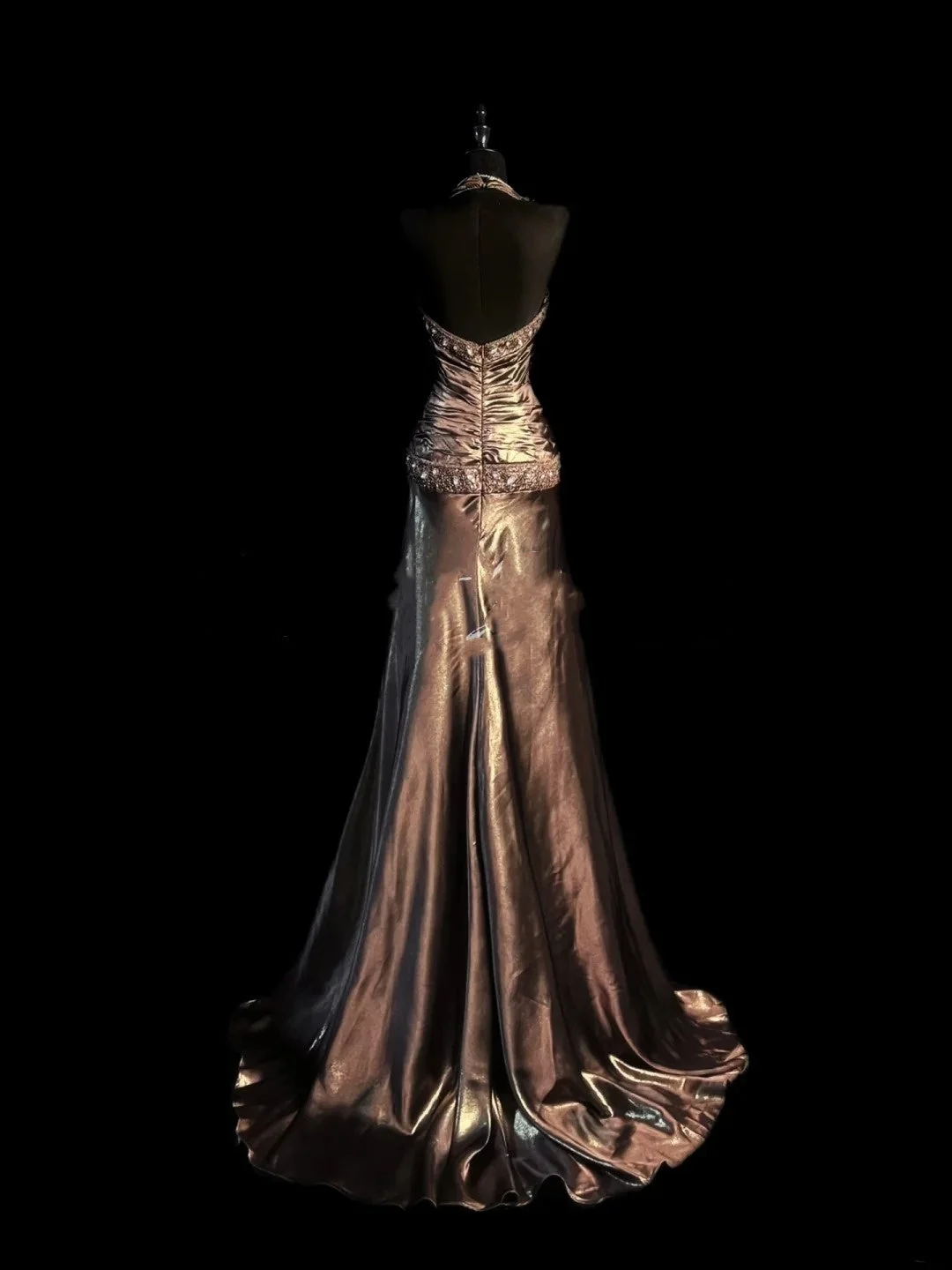 Vintage Brown Mermaid Halter Satin With Beaded Gem Long Prom Dresses Party Dress D4429
