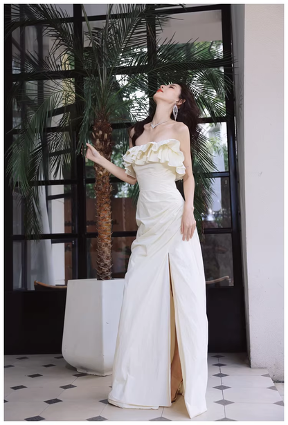 Elegant Beige Strapless Satin Pleated Mermaid Slit Long Evening Dress Birthday Party Dress With Bow D2418