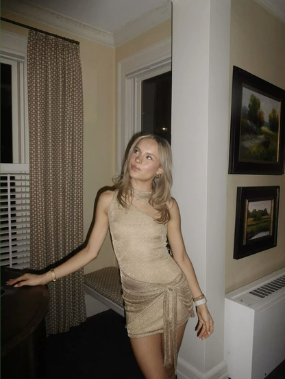 Sexy One Shoulder Champagne Satin Sequin Mini Cocktail Dress 6th Grade Homecoming Dress S622