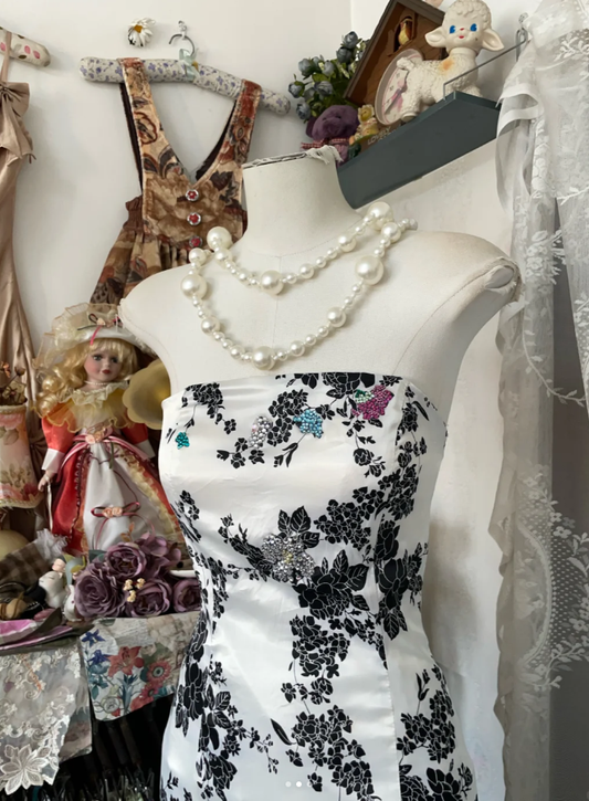 Vintage Strapless Satin Print Floral Mermaid Party Dress Long Evening Gown D1520