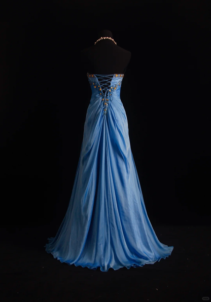 Charming Sweetheart Neck Blue Satin Chiffon Embroidery Beaded Mermaid Long Birthday Dress Party Gown D2858