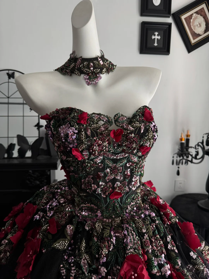 Pretty Black Quinceanera Dress Strapless Tulle Sequin Beaded Floral Sweet 16 Dress With Appliques D4717