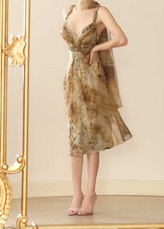 Unique Spaghetti Straps Chiffon Print Floral Beaded Evening Dress Formal Wedding Guest Dress With Scarf D2752