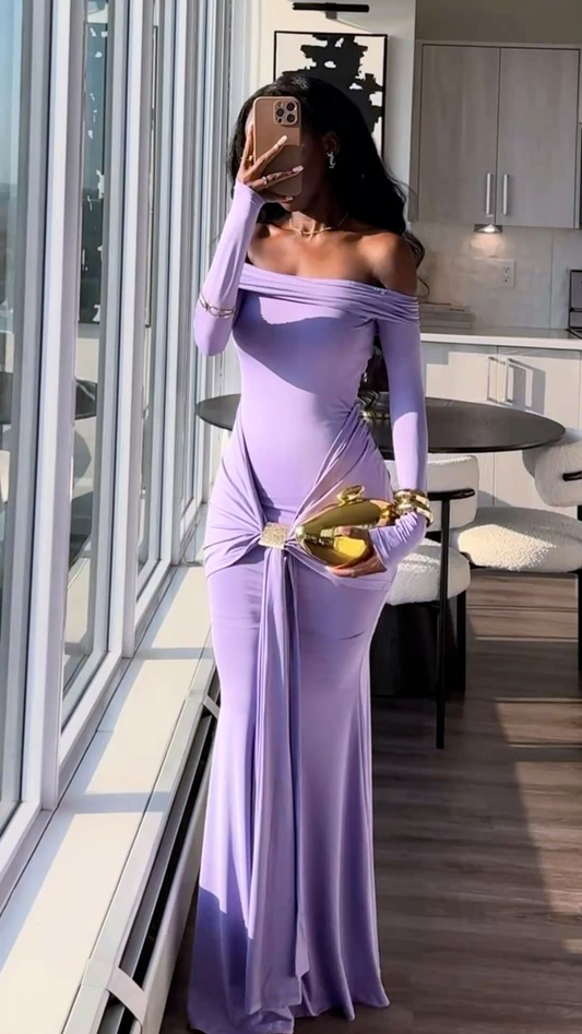 Charming Lavender Off The Shoulder Satin Pleated Mermaid Evening Dress Long Wedding Guest Dress D970